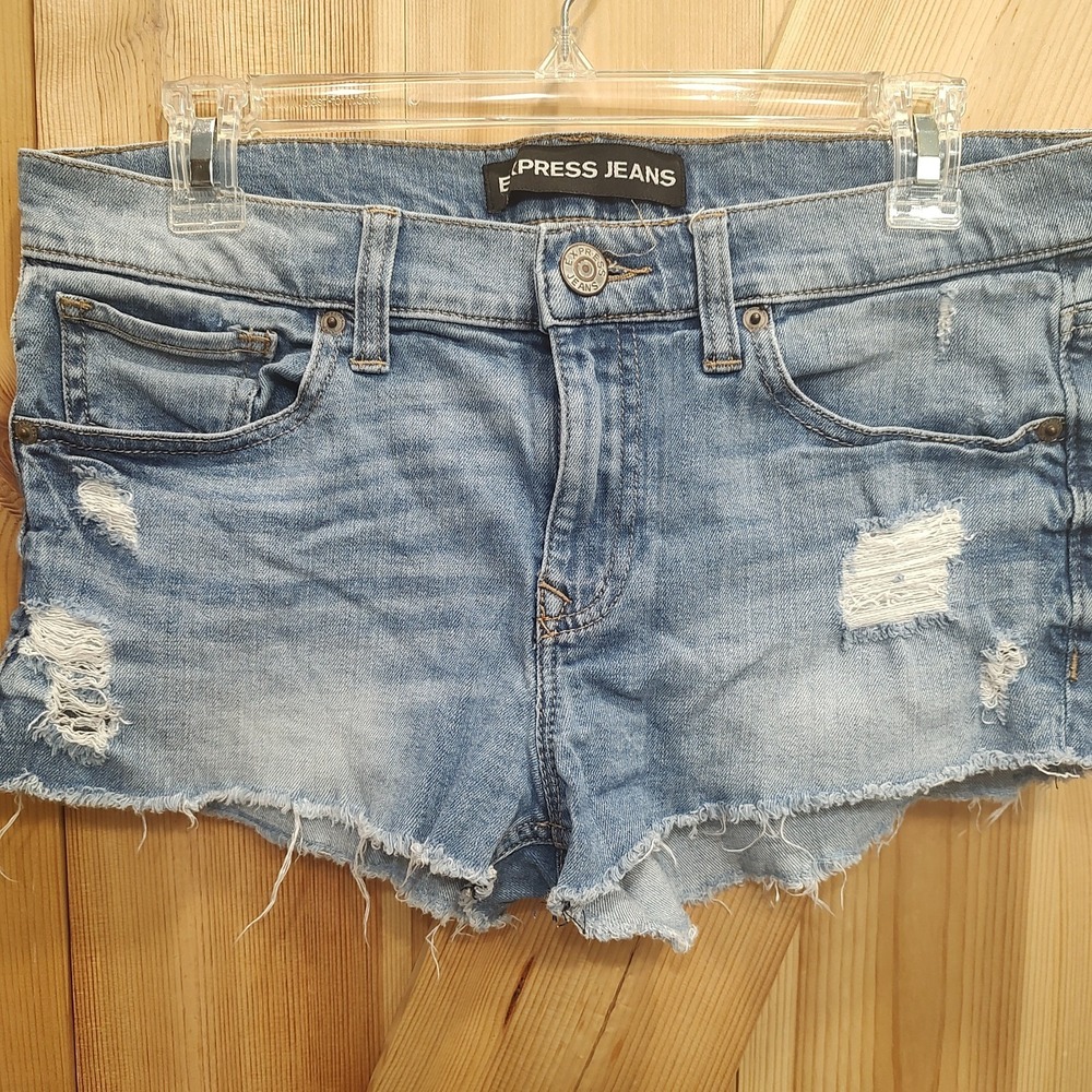 Express Women Festival Shortie Low Rise Cut Off Denim Shorts Sz 4 Grunge Raw Hem